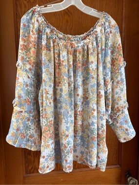 Smocked Off-Shoulder Floral Blouse - Blue Floral